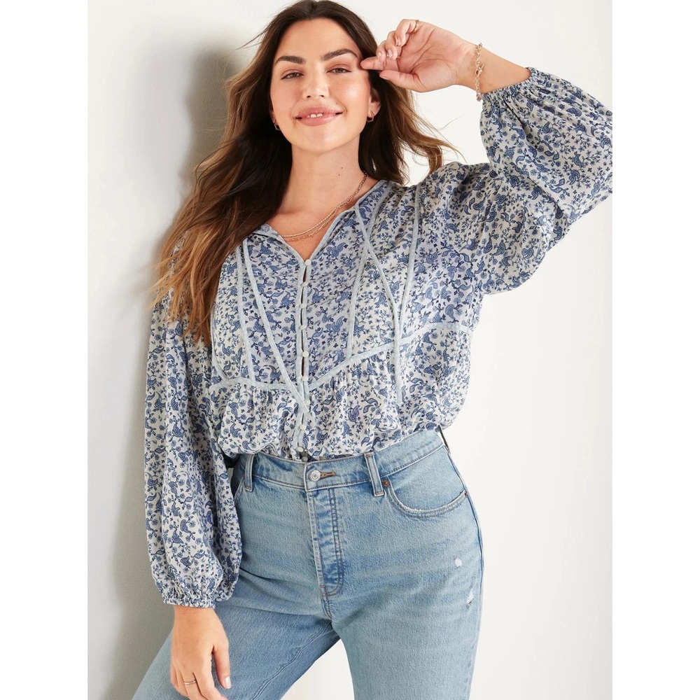 Old Navy Mixed Paisley Floral Print Oversized Button Front Poet Blouse Women’s M